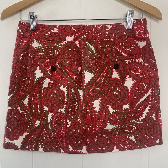 J. CREW Sz 0 Cotton Blend Paisley Mini Skirt Pockets Red/Green Holiday Fall - Picture 5 of 16